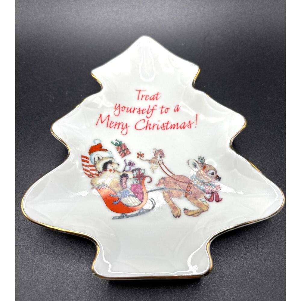Vintage Designers Collection Porcelain Christmas Tree Raccoon Santa Trinket Tray